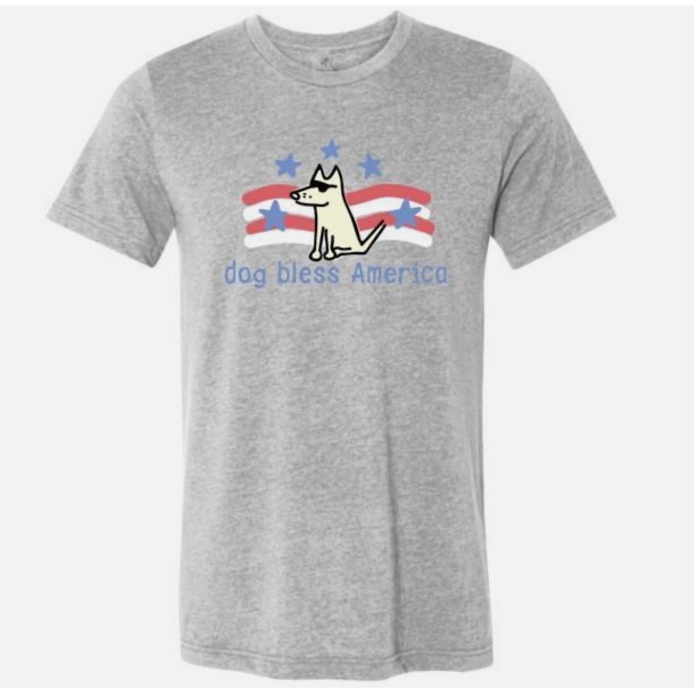 Dog Bless America Grey T Shirt by Teddy the Dog Navy V- Size Medium
